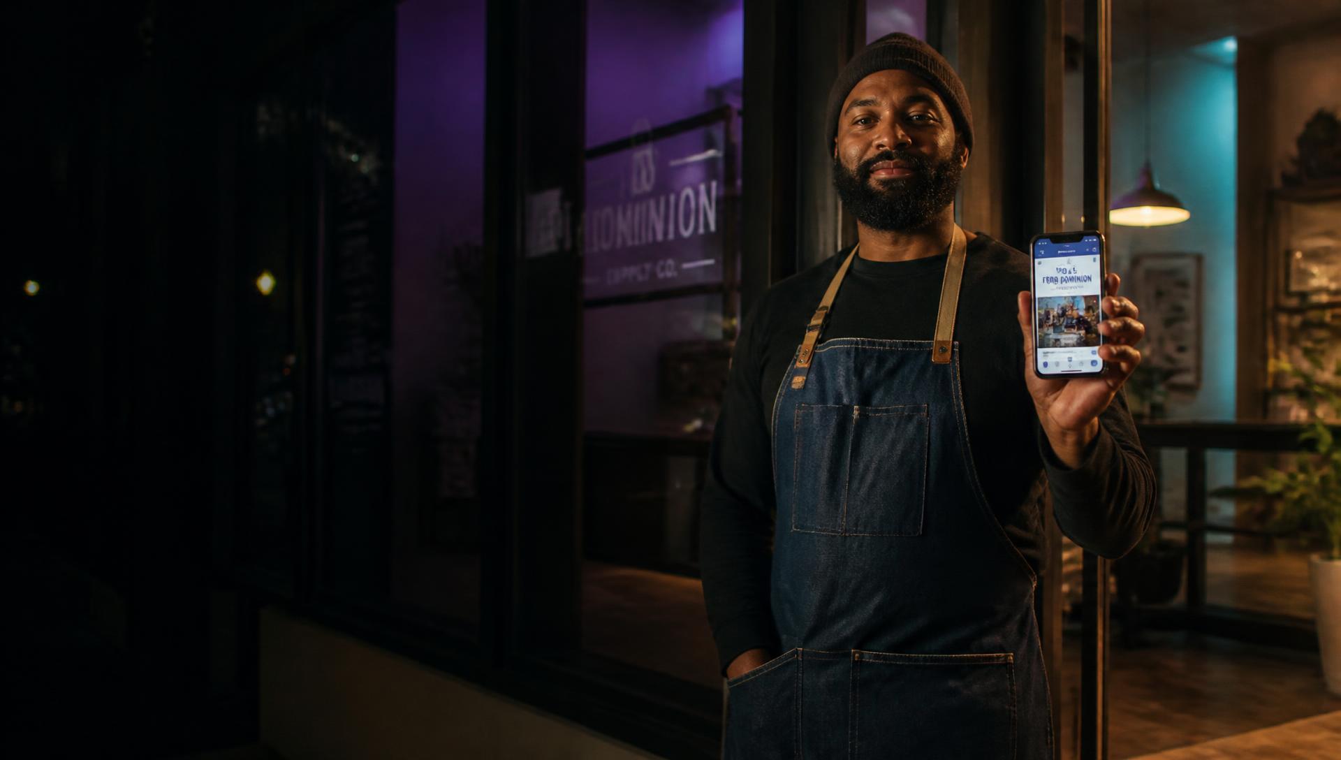 A local business owner holding a phone showing their new IreSite website